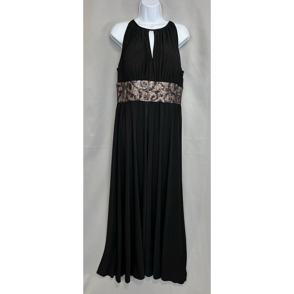 R&M Richards Formal Dress Black Sequined Waist Peephole Slit Sz 16 Prom - Picture 6 of 16